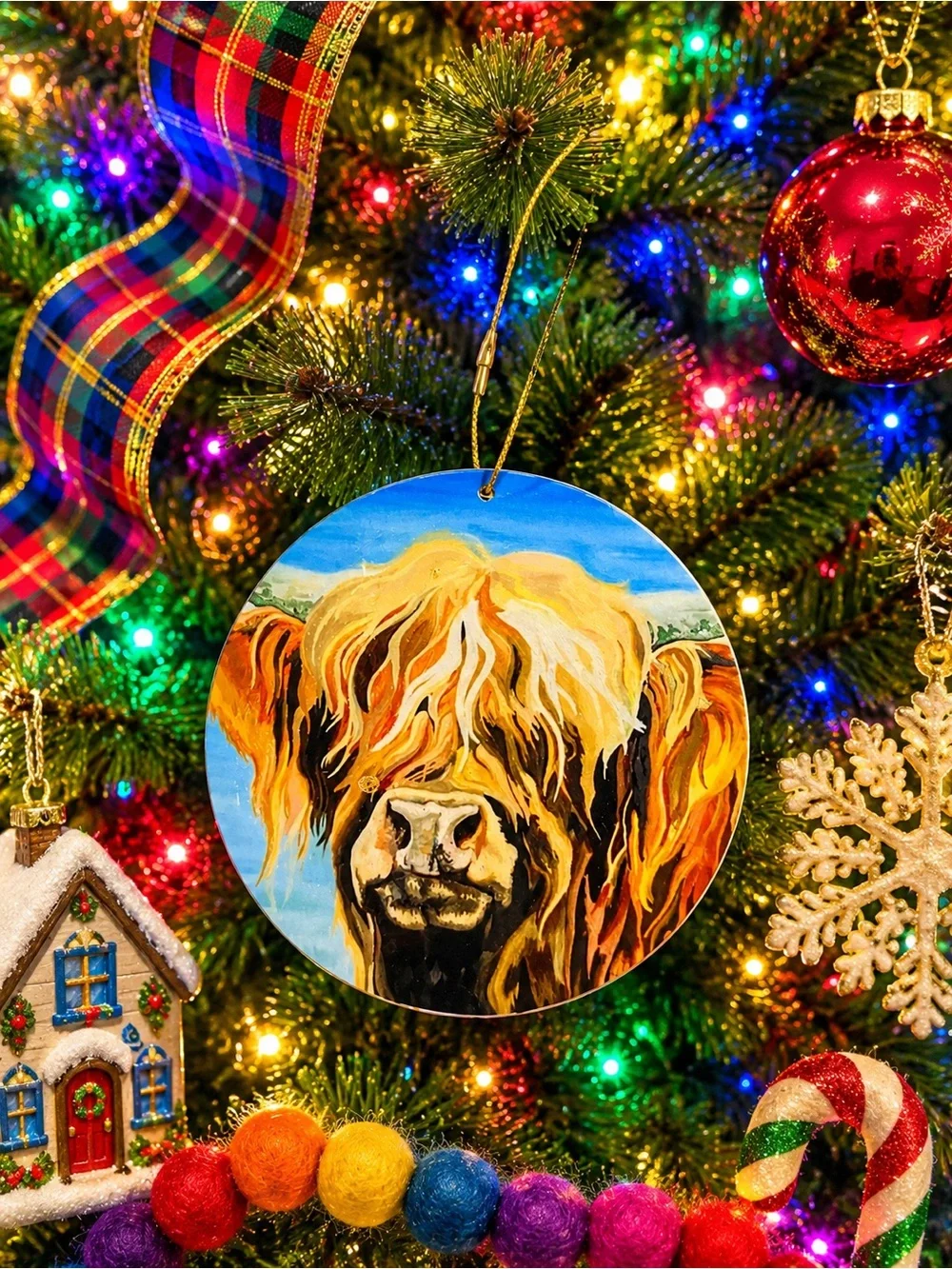 Highland Cow Round Holiday Ornament - Multicolor